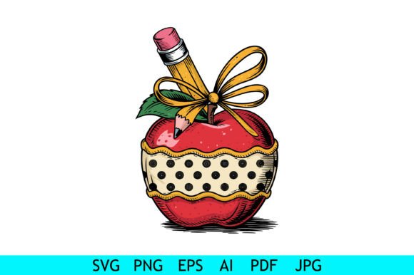 Apple with Pencil and Polka Dot Ribbon: A Vintage Design Asset for Modern Workflows