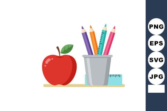 Red Apple with Colorful Pencils and Rule